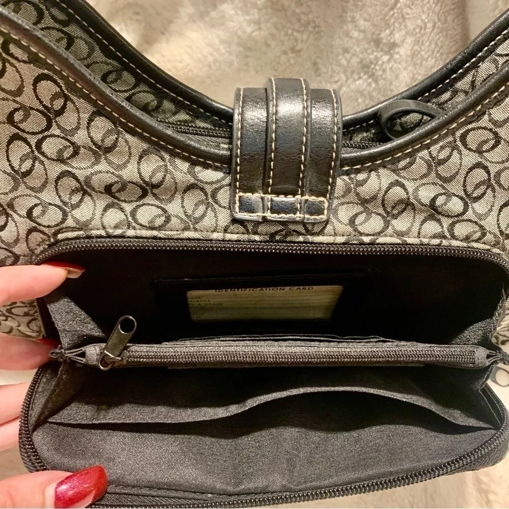 Shoulder Bag Like New Grey Canvas Black Vegan Leather Trim Circular Silver - Picture 9 of 16